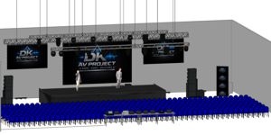 Render fotorealistico dello stage con integrazione LEDwall luci e truss.